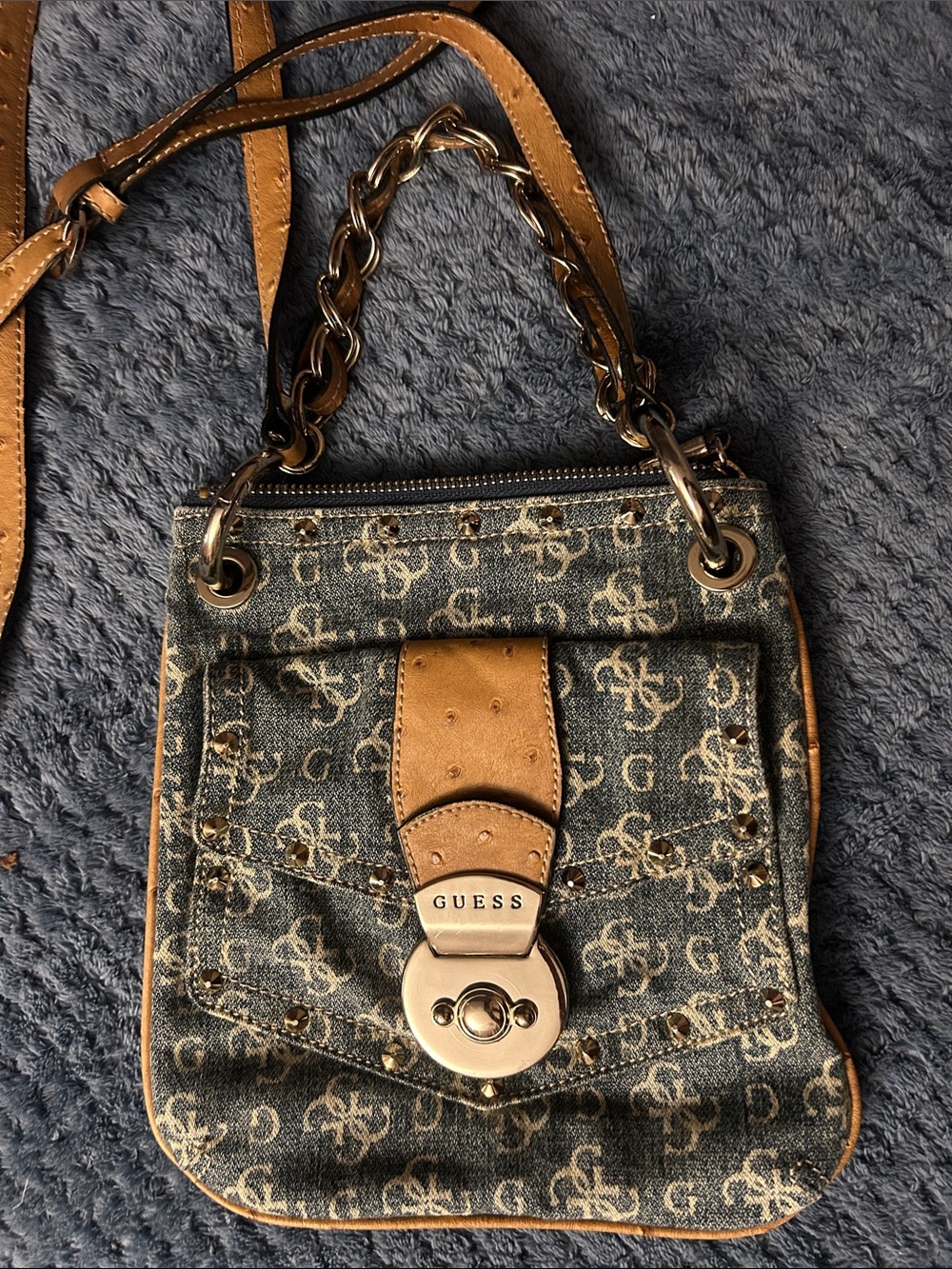 Vintage GUESS Blue Denim Monogram Crossbody with Tan Trim